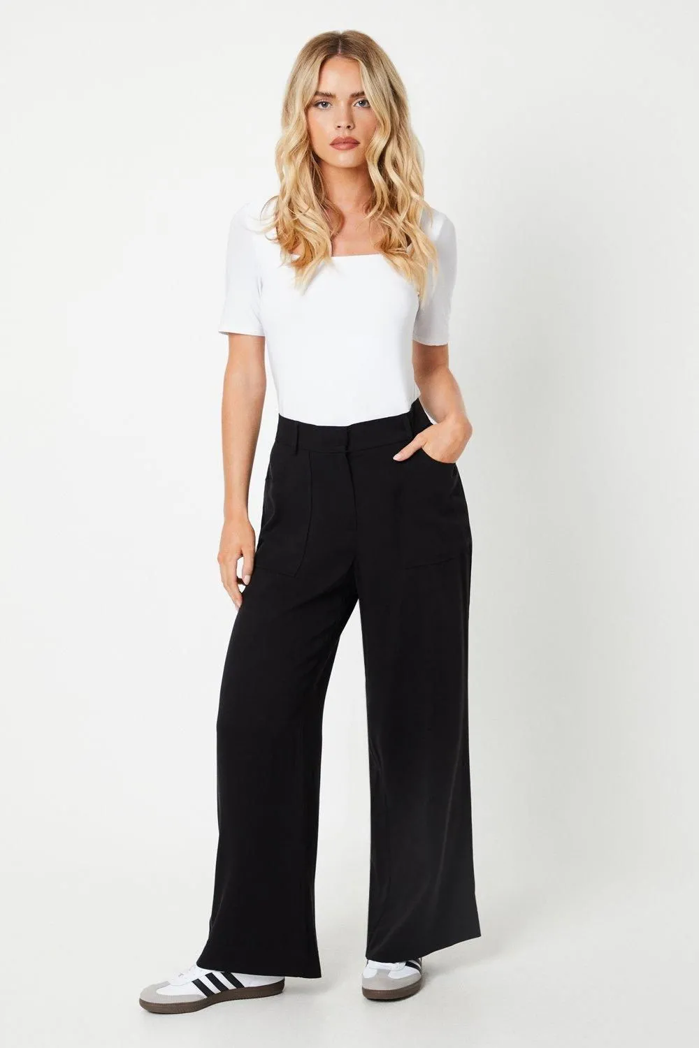 Petite Top Stitch Patch Pocket Wide Leg Trouser