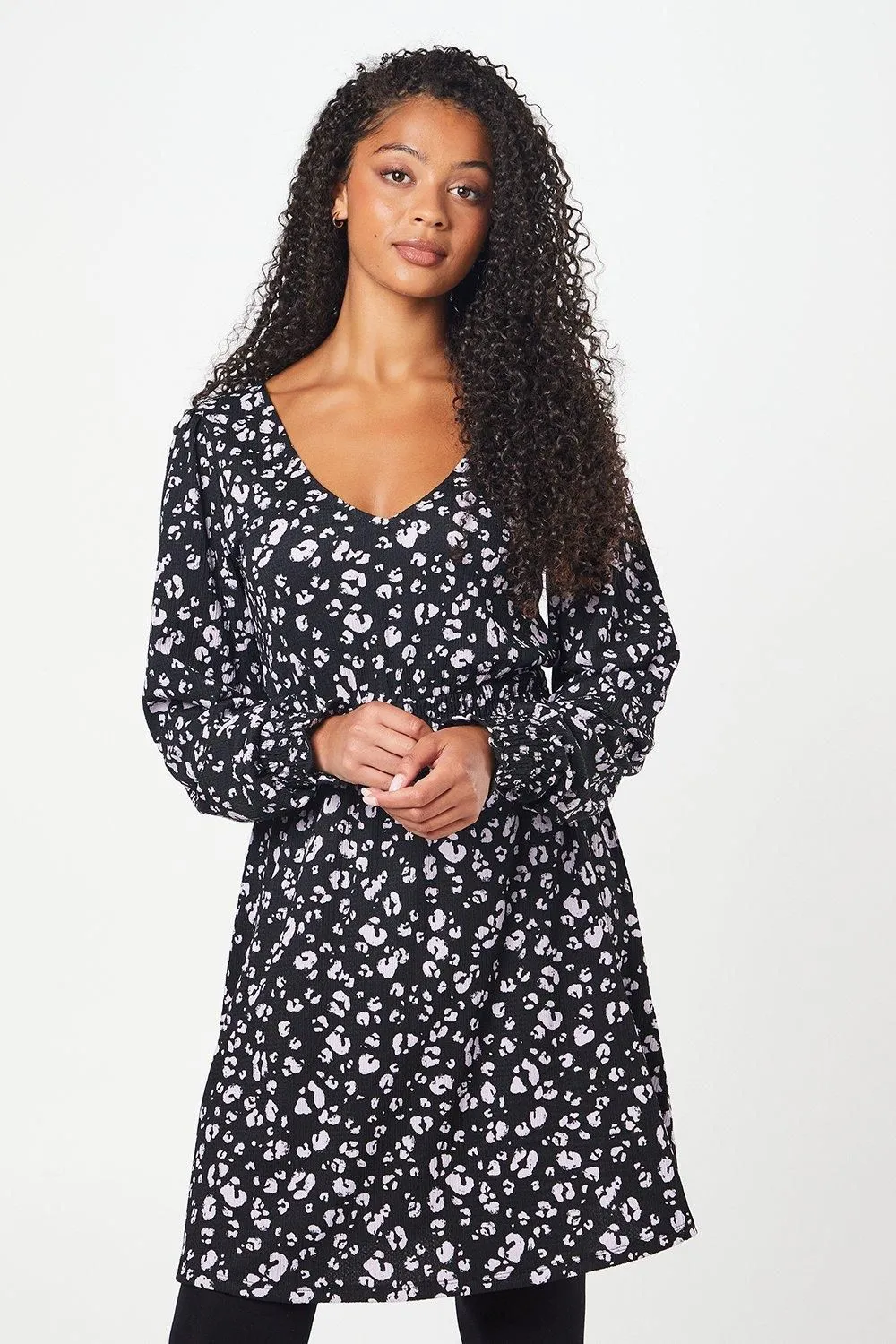 Tall Animal Shirred Waist V Neck Mini Dress
