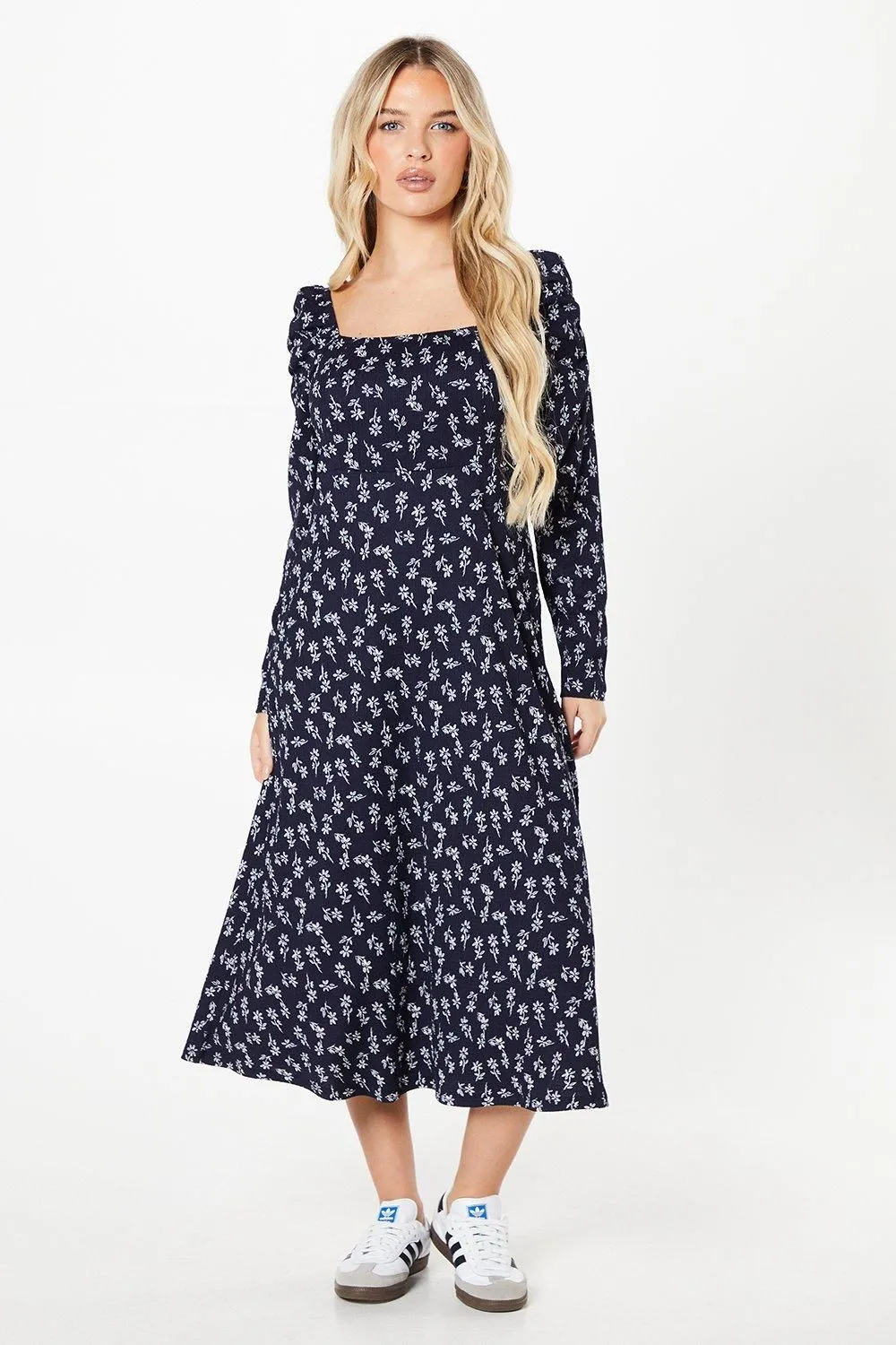 Petite Navy Ditsy Square Neck Midi Dress