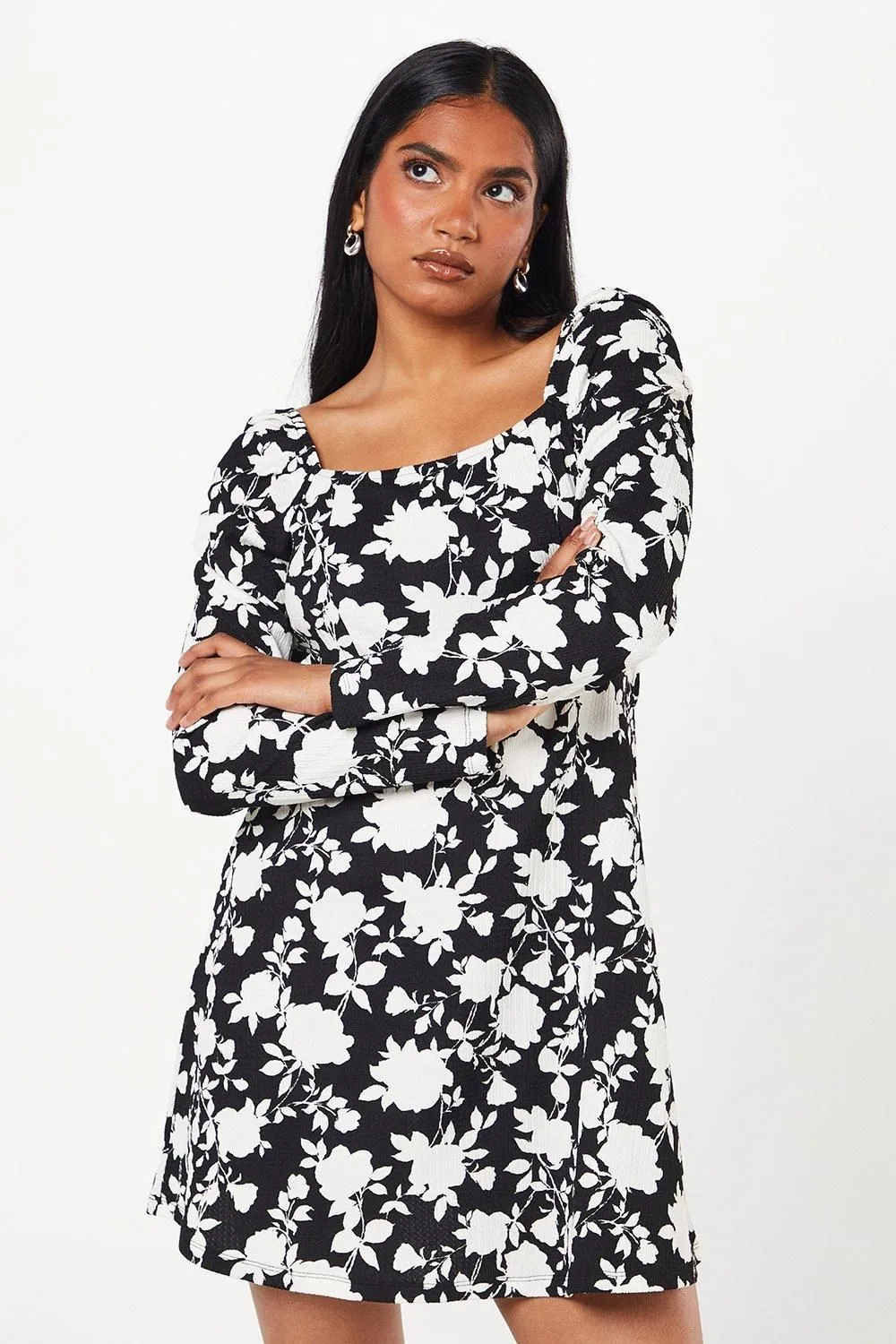 Petite Mono Floral Square Neck Mini Dress
