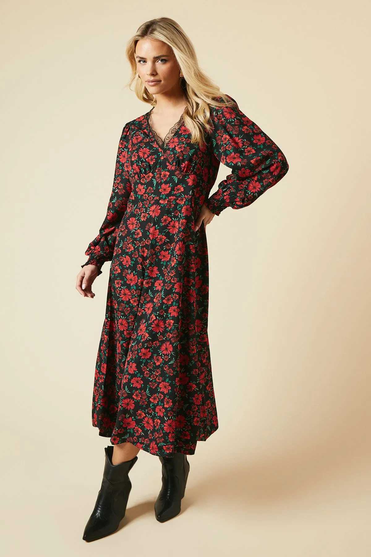 Petite Floral Lace Trim Midi Dress