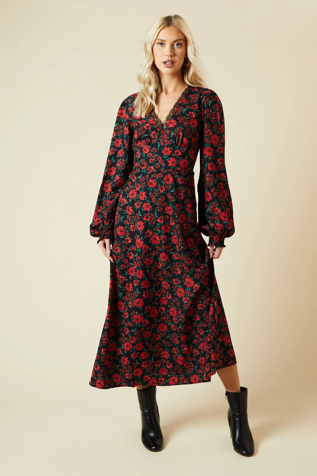 Tall Floral Lace Trim Midi Dress