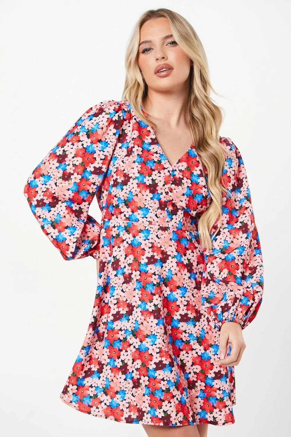 Petite Ditsy Floral Button Front Mini Dress