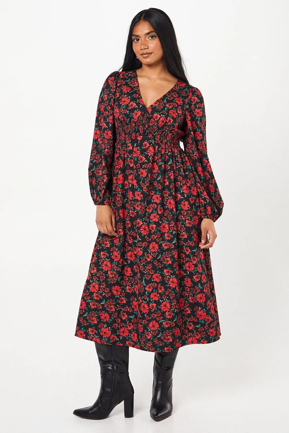 Petite Red Floral V Neck Shirred Waist Midi Dress