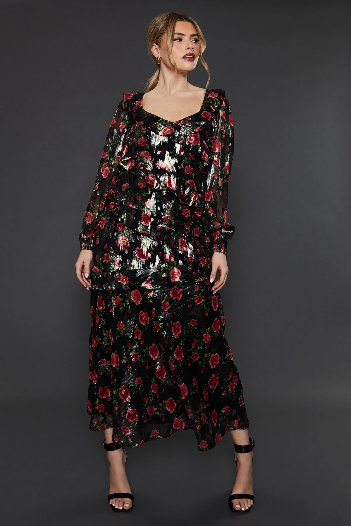 Black Floral Ruffle Long Sleeve Chiffon Metallic Midi Dress