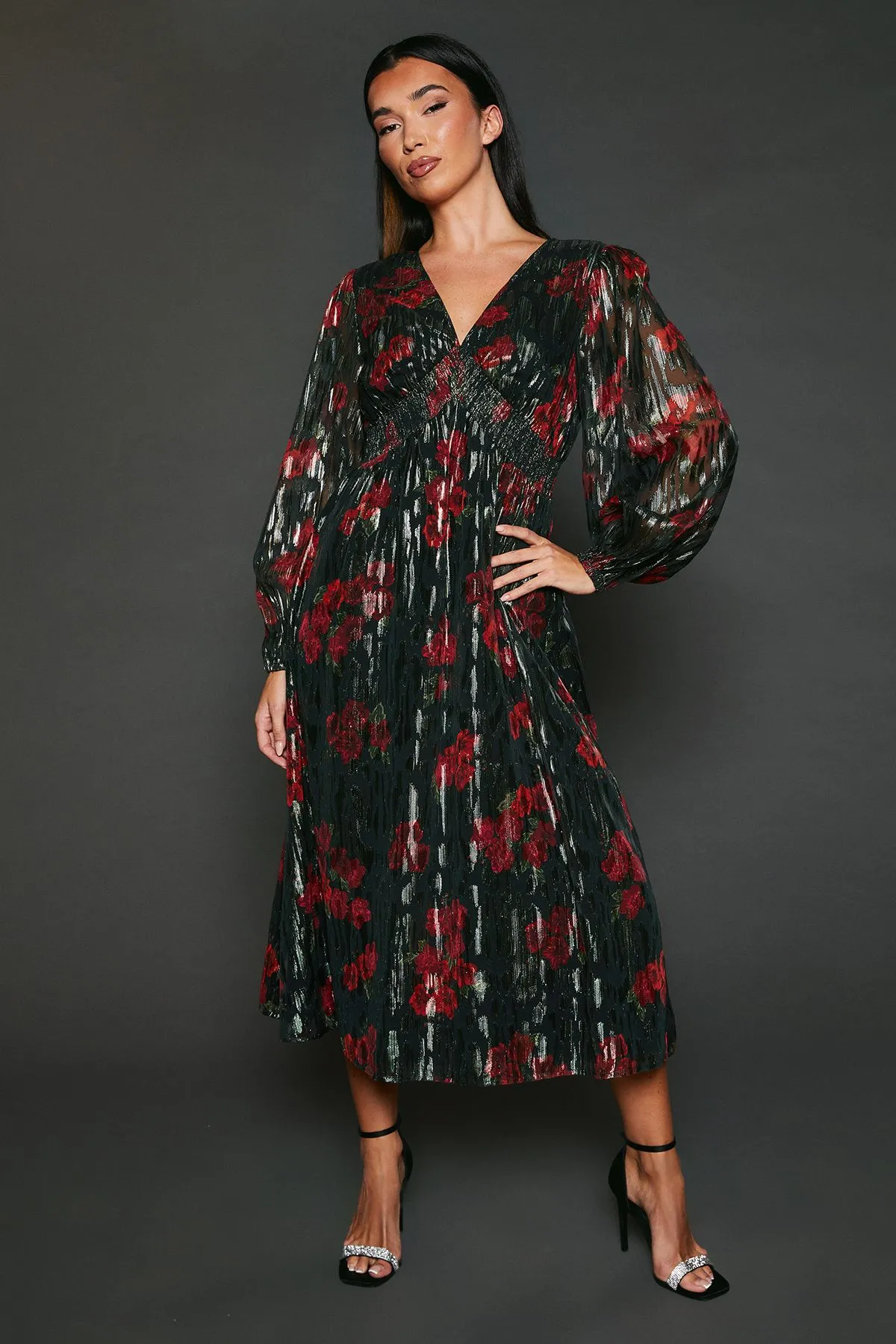 Floral V Neck Metallic Midi Dress