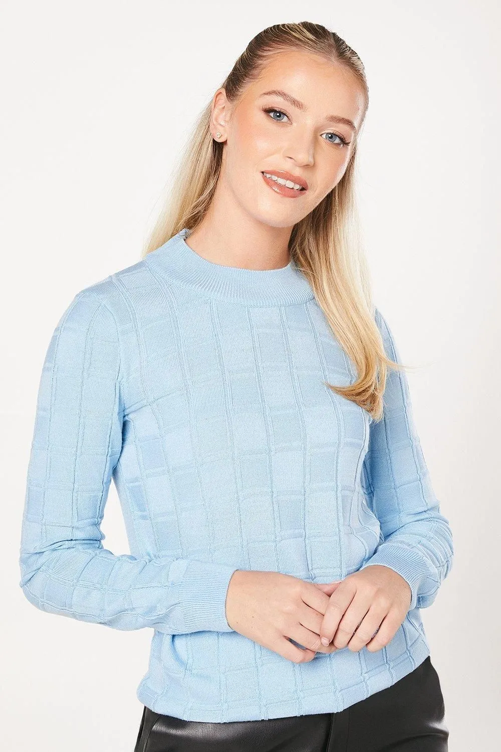 Checkerboard Stitch High Neck Jumper