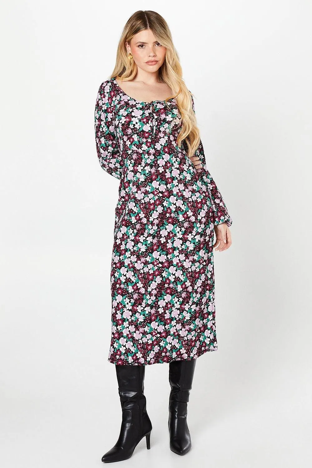 Floral Tie Front Long Sleeve Midi Dress