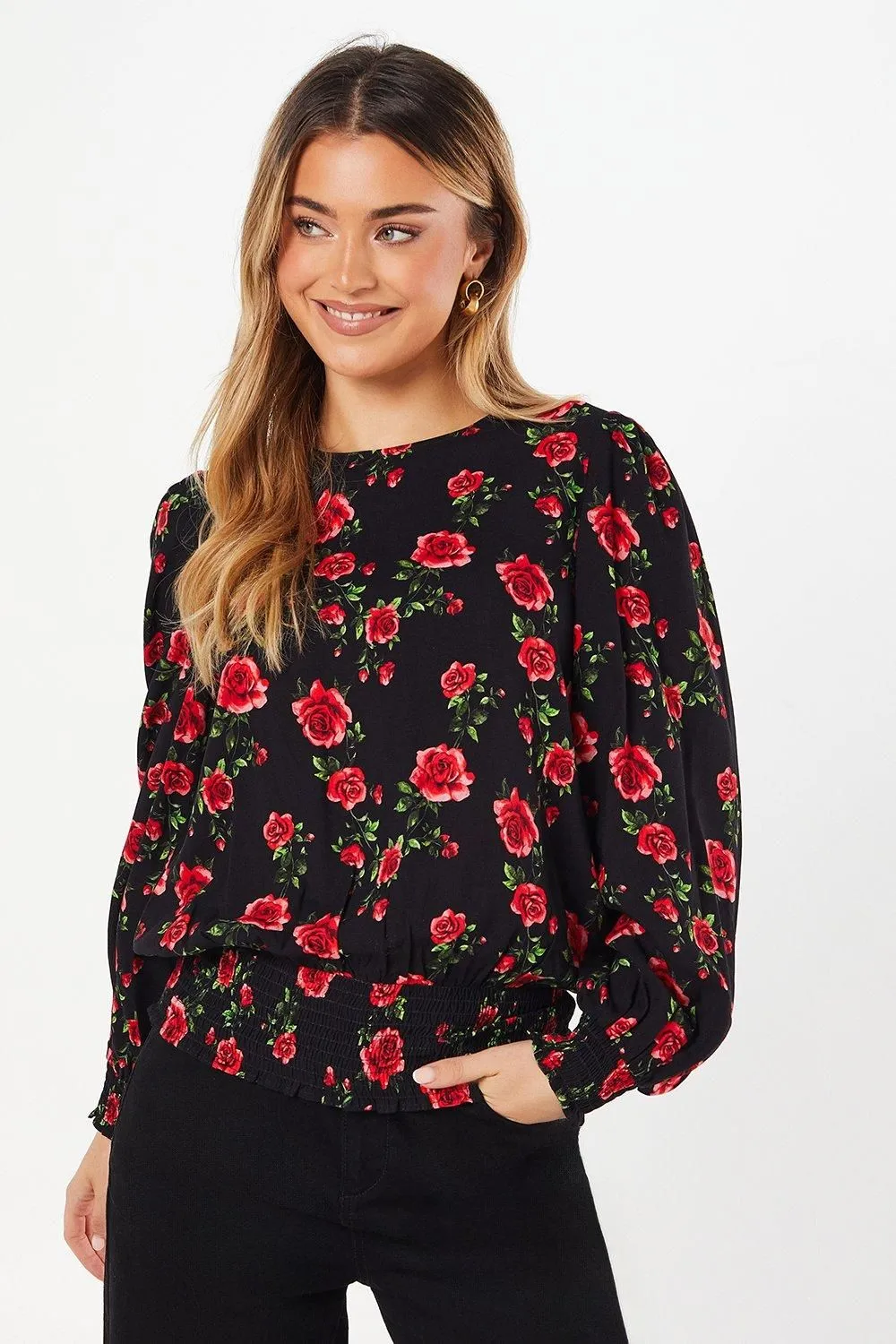 Floral Shirred Hem Blouse