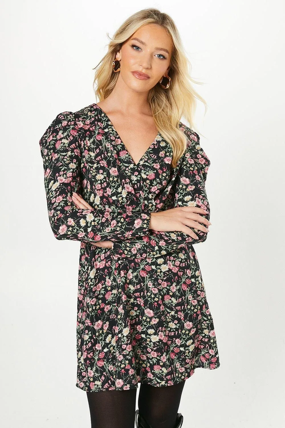 Multi Ditsy Empire Wrap Long Sleeve Mini Dress