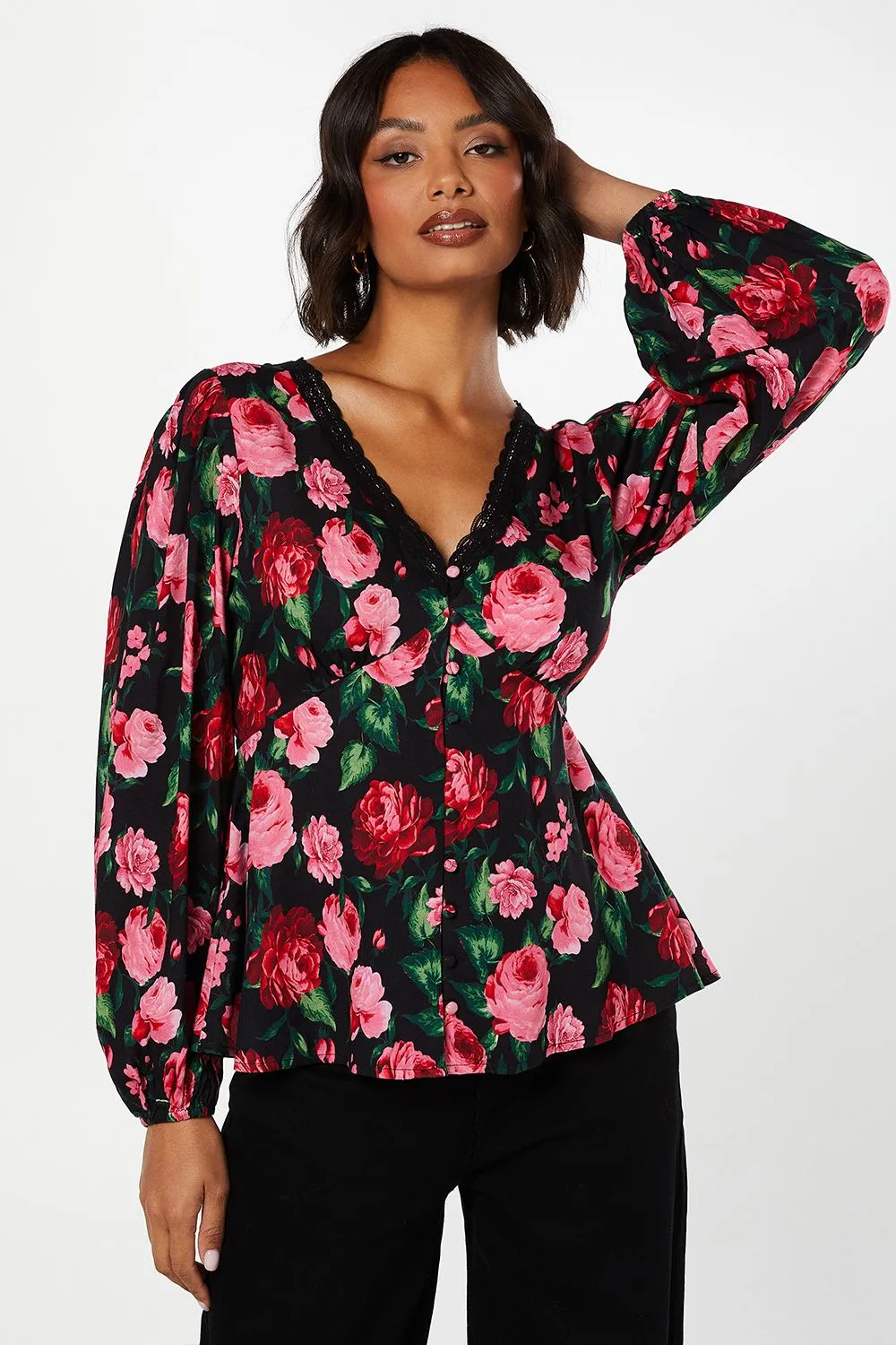 Floral Long Sleeve Lace Trim Button Front Tea Blouse