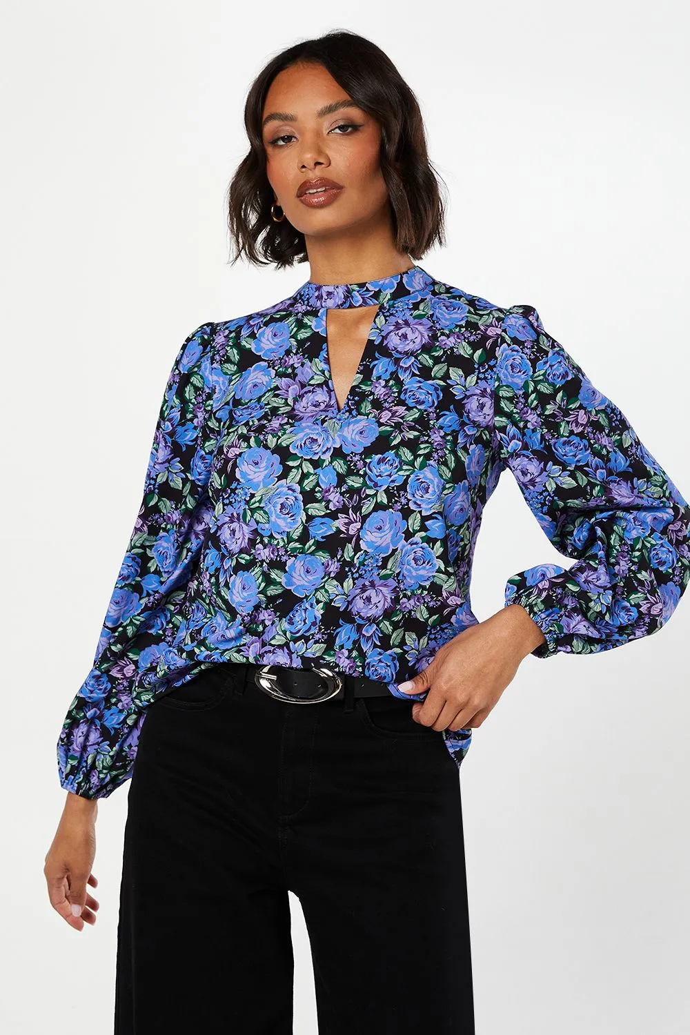Blue Floral Keyhole Blouse