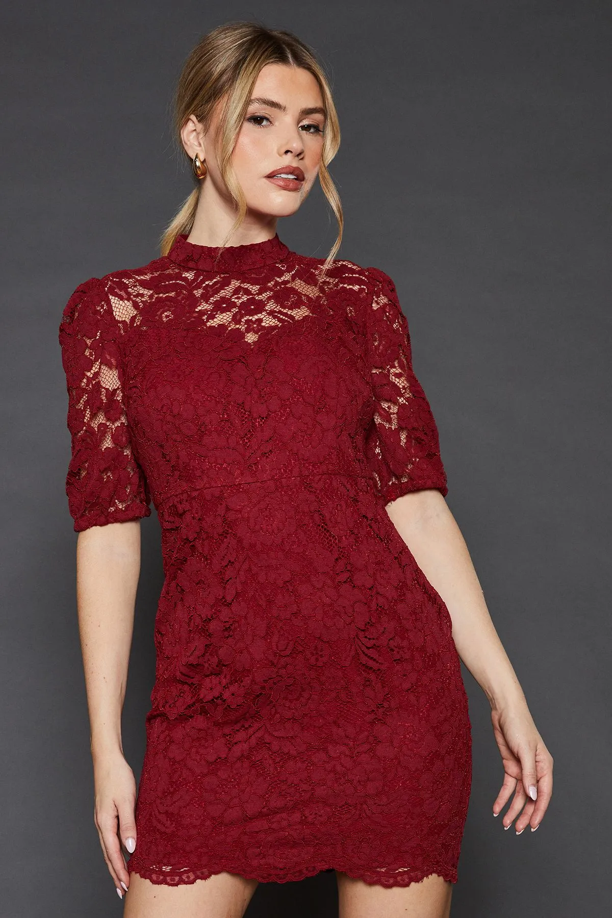 Lace High Neck Short Sleeve Mini Dress