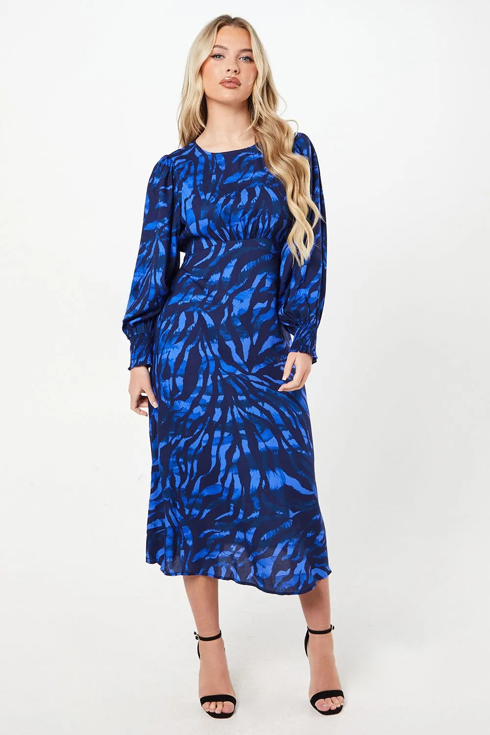 Petite Blue Zebra Shirred Cuff Mini Dress