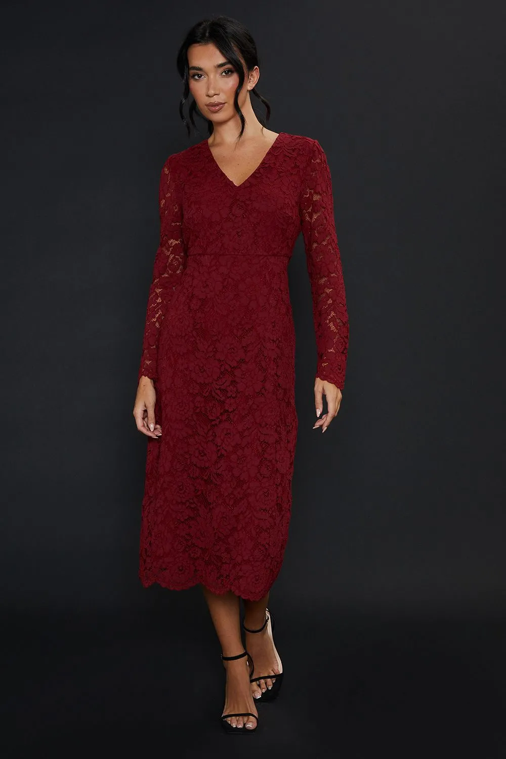 Petite Lace Long Sleeve Midi Dress