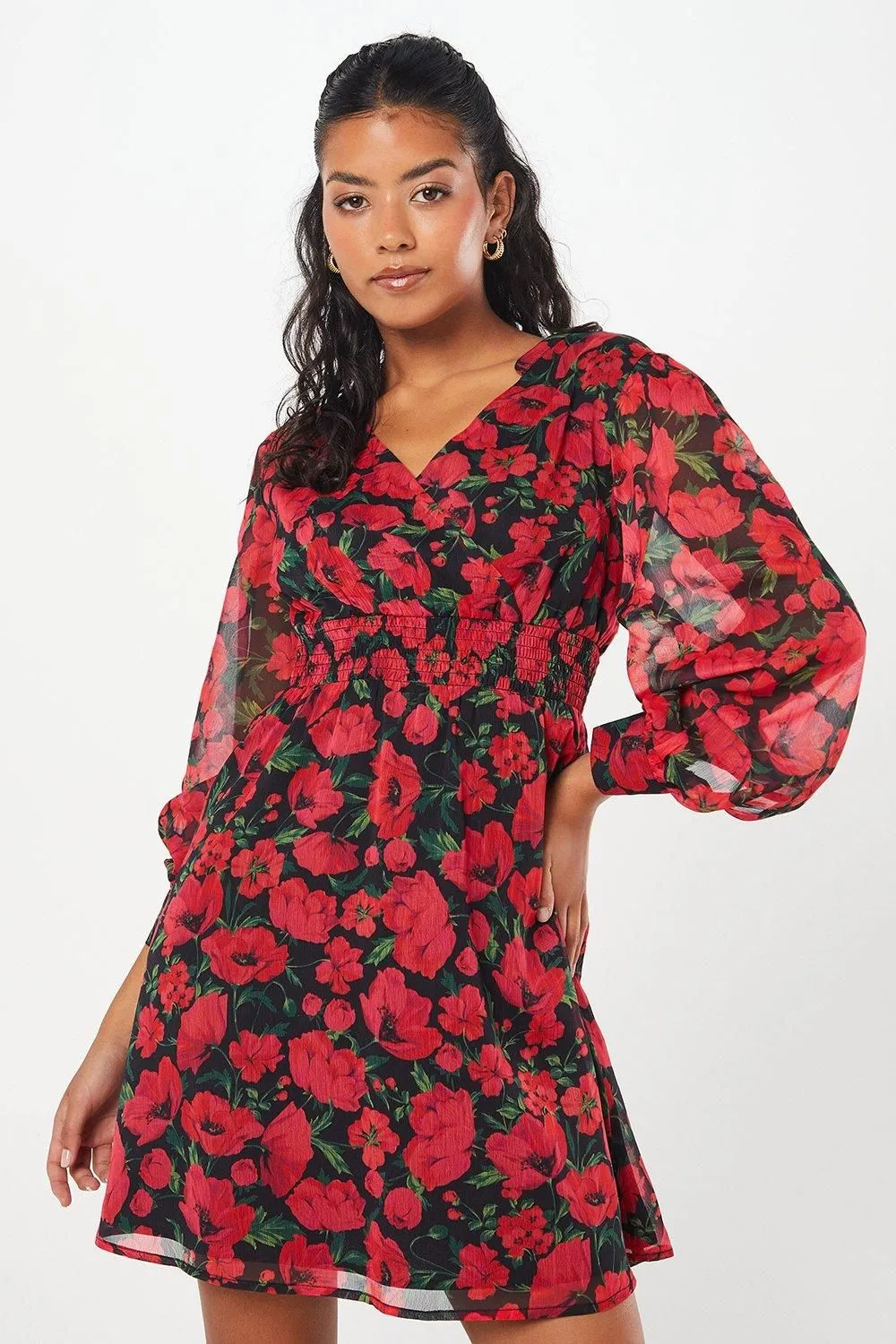 Petite Red Floral Chiffon Shirred Waist Long Sleeve Mini Dress