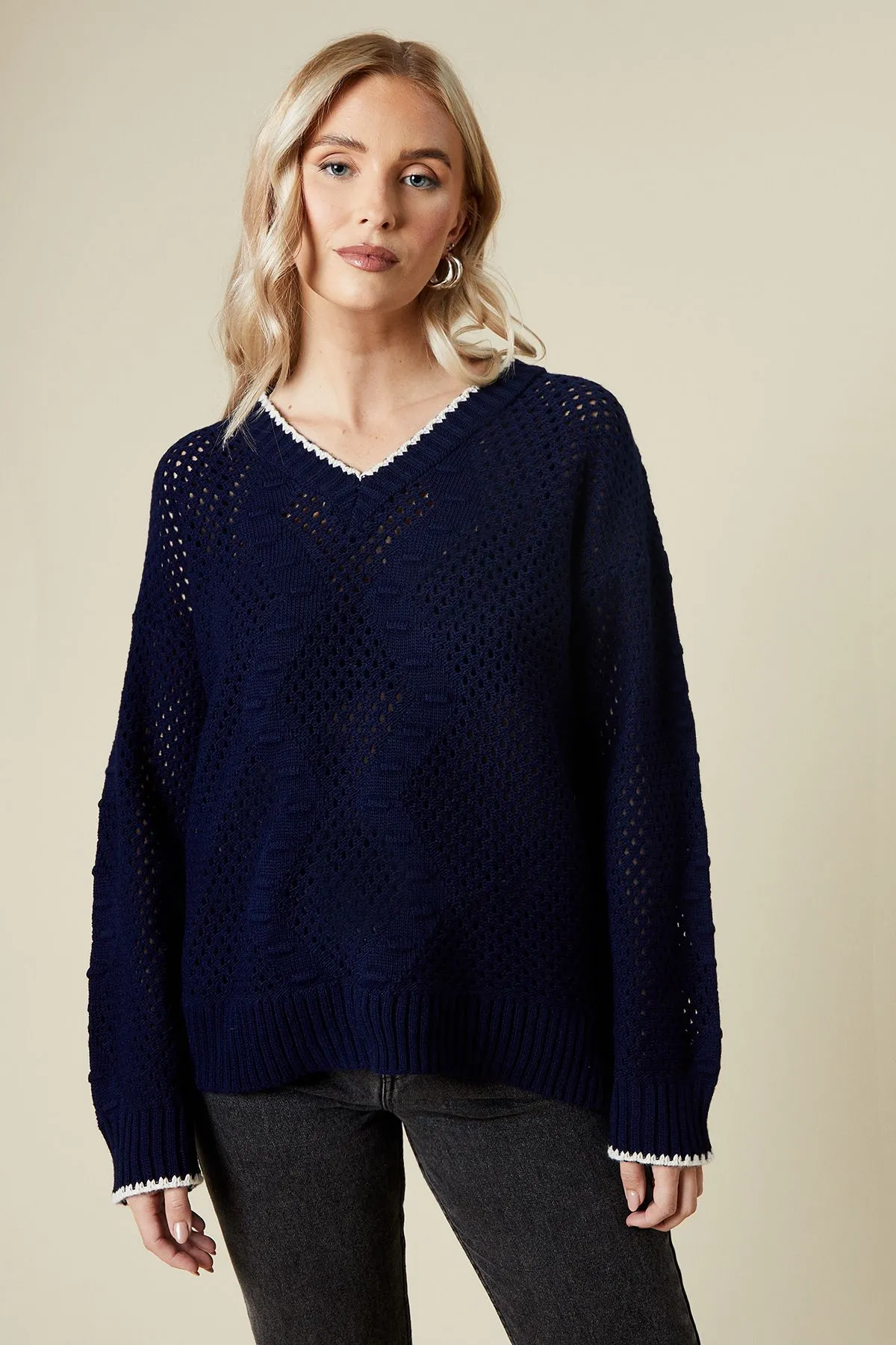 Whipstitch Cable Detail V Neck Jumper