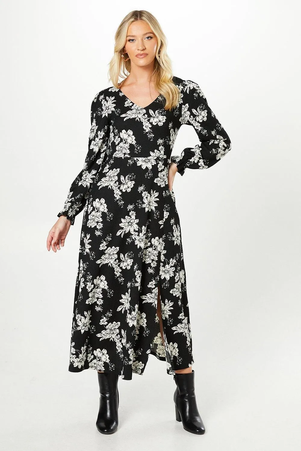 Mono Floral V Neck Midi Dress