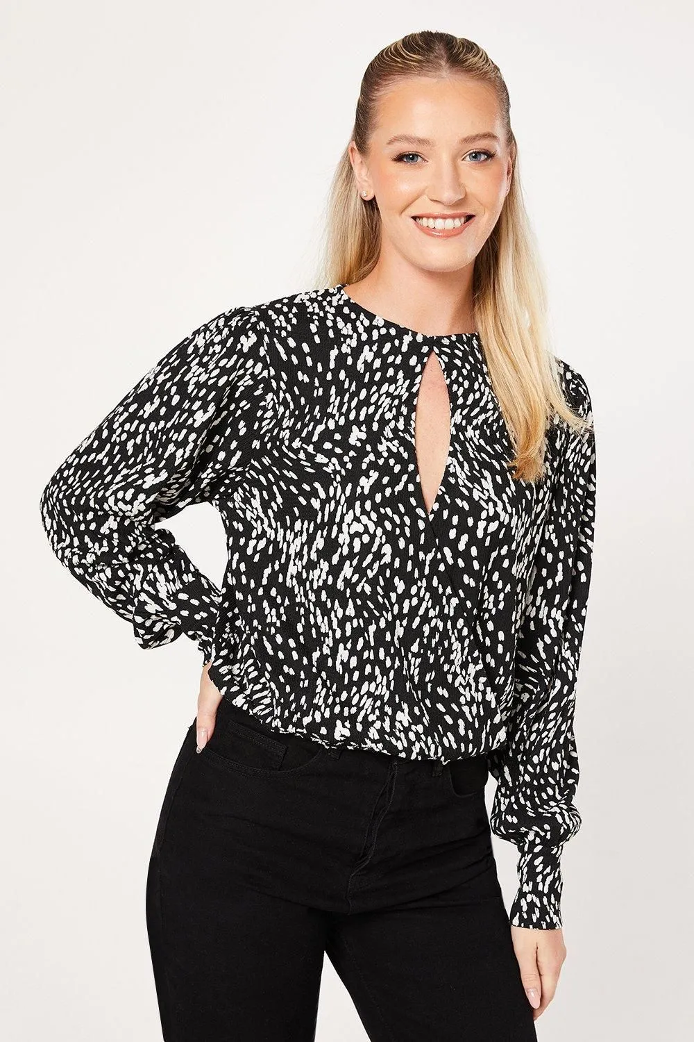 Mono Abstract Keyhole Long Sleeve Wrap Top