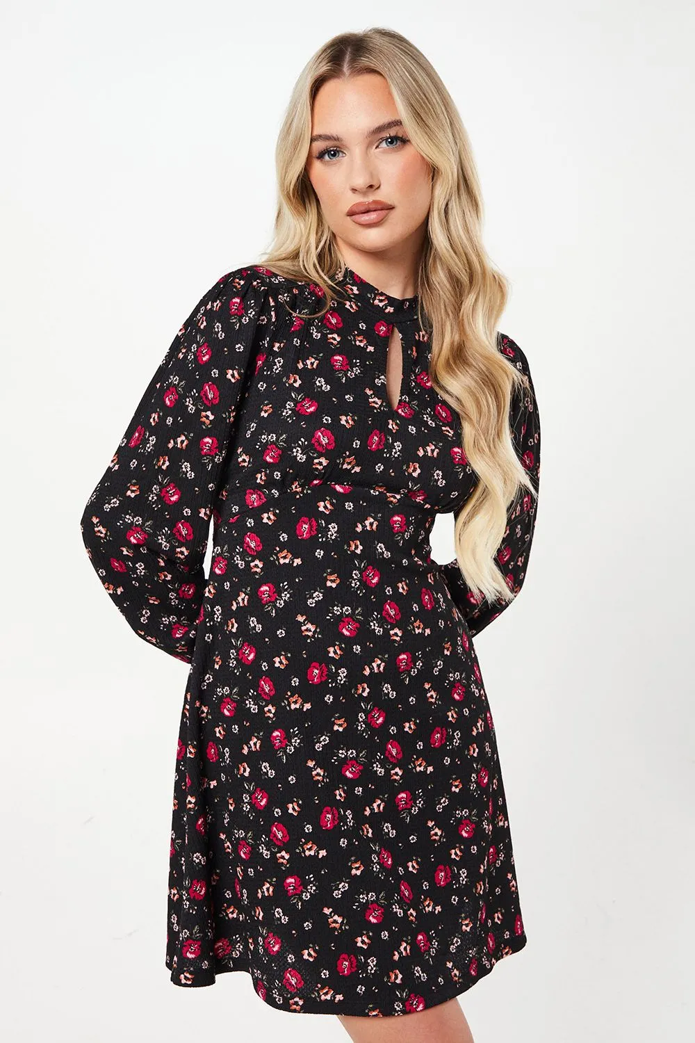 Petite Berry Ditsy Keyhole Mini Dress