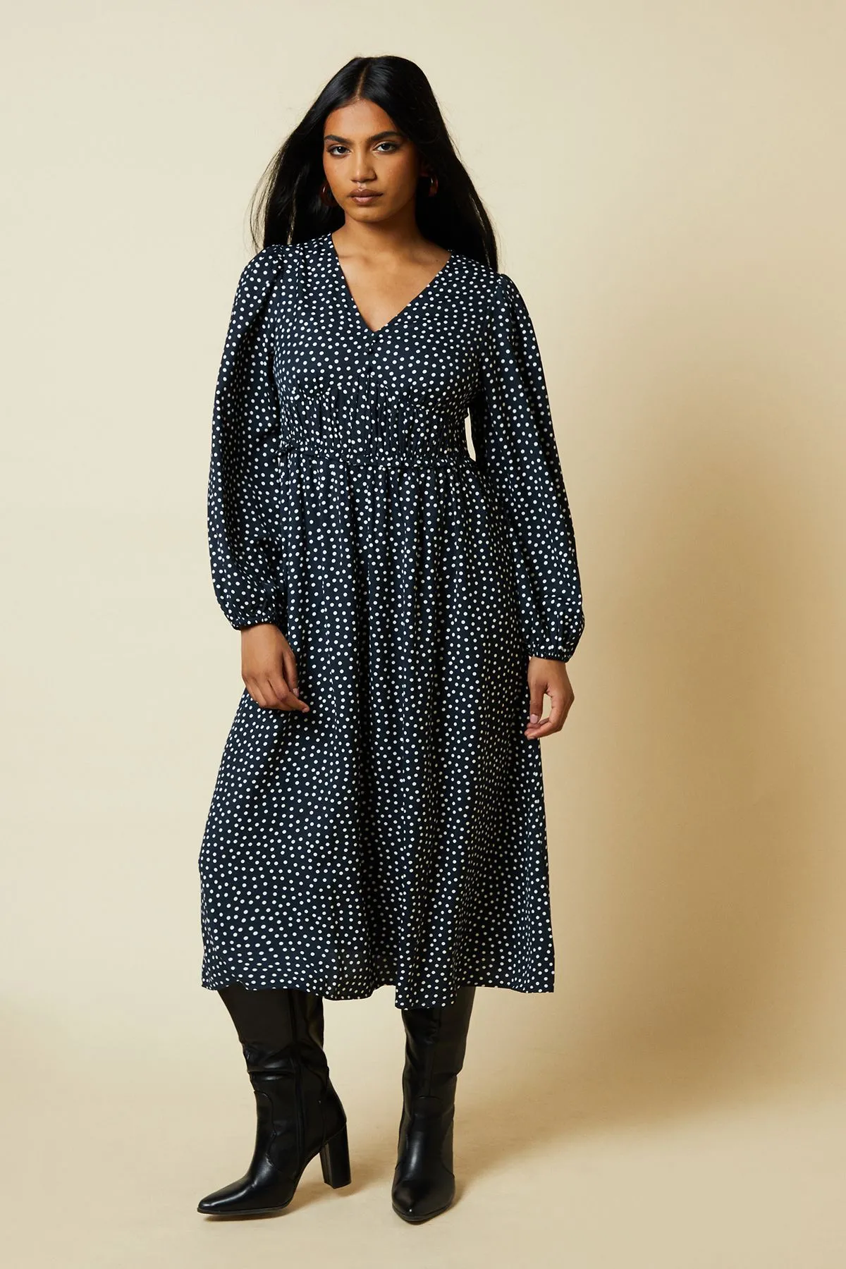 Petite Spot Button Front Long Sleeve Midi Dress