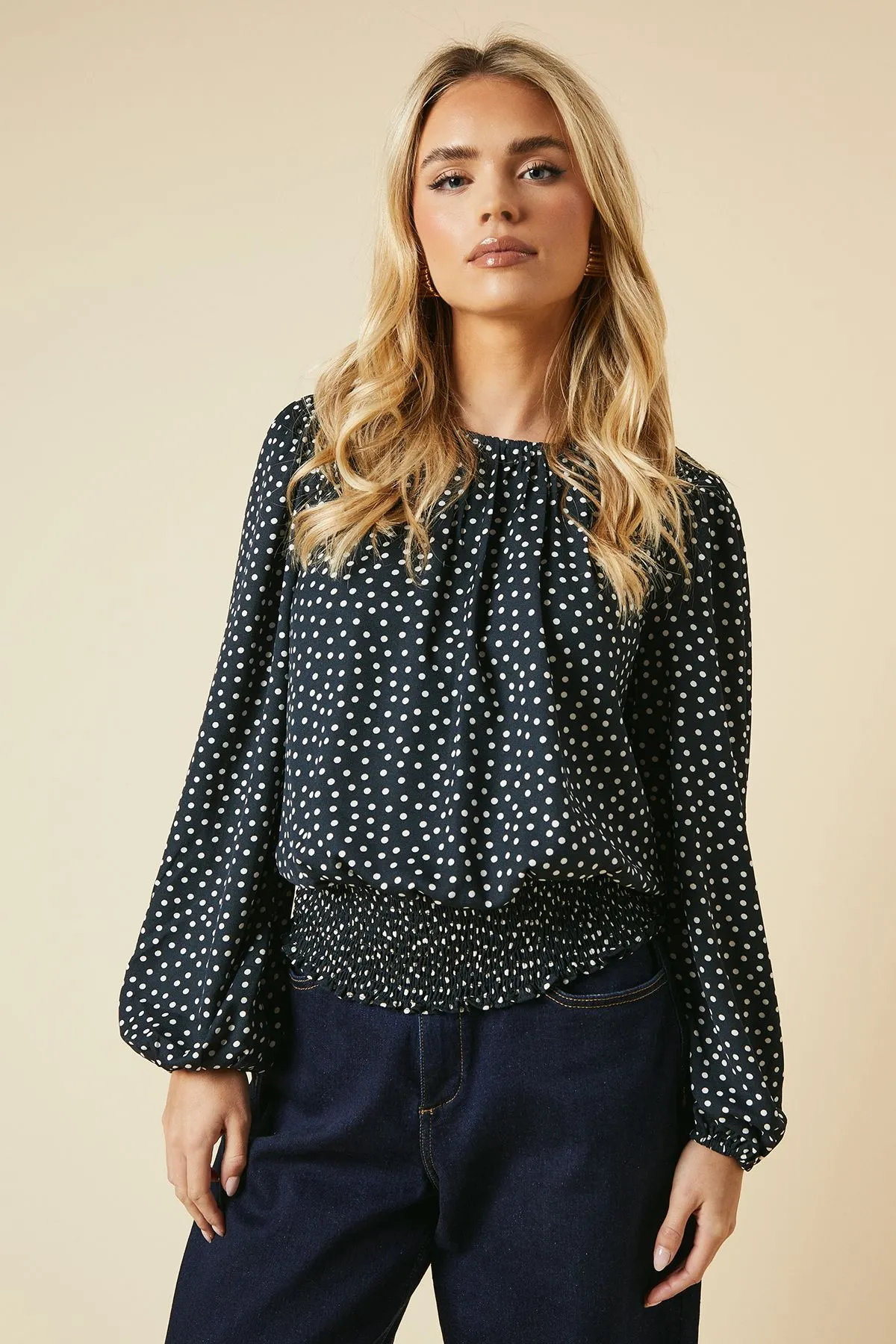 Petite Spot Shoulder Detail Shirred Hem Blouse