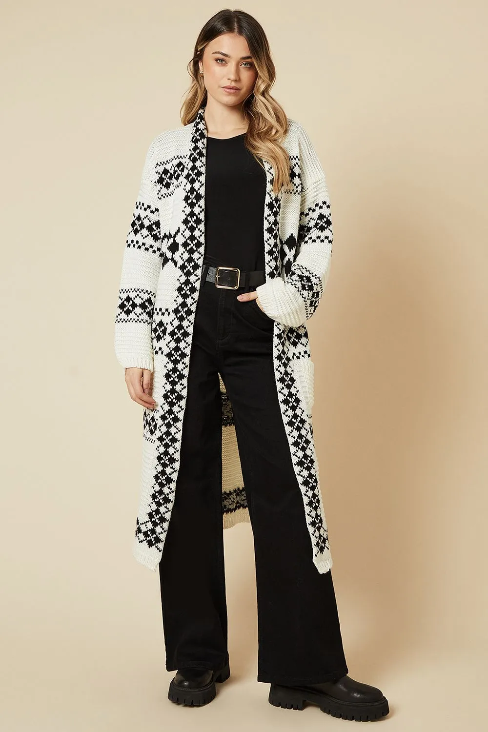 Argyle Ribbed Edge To Edge Maxi Cardigan