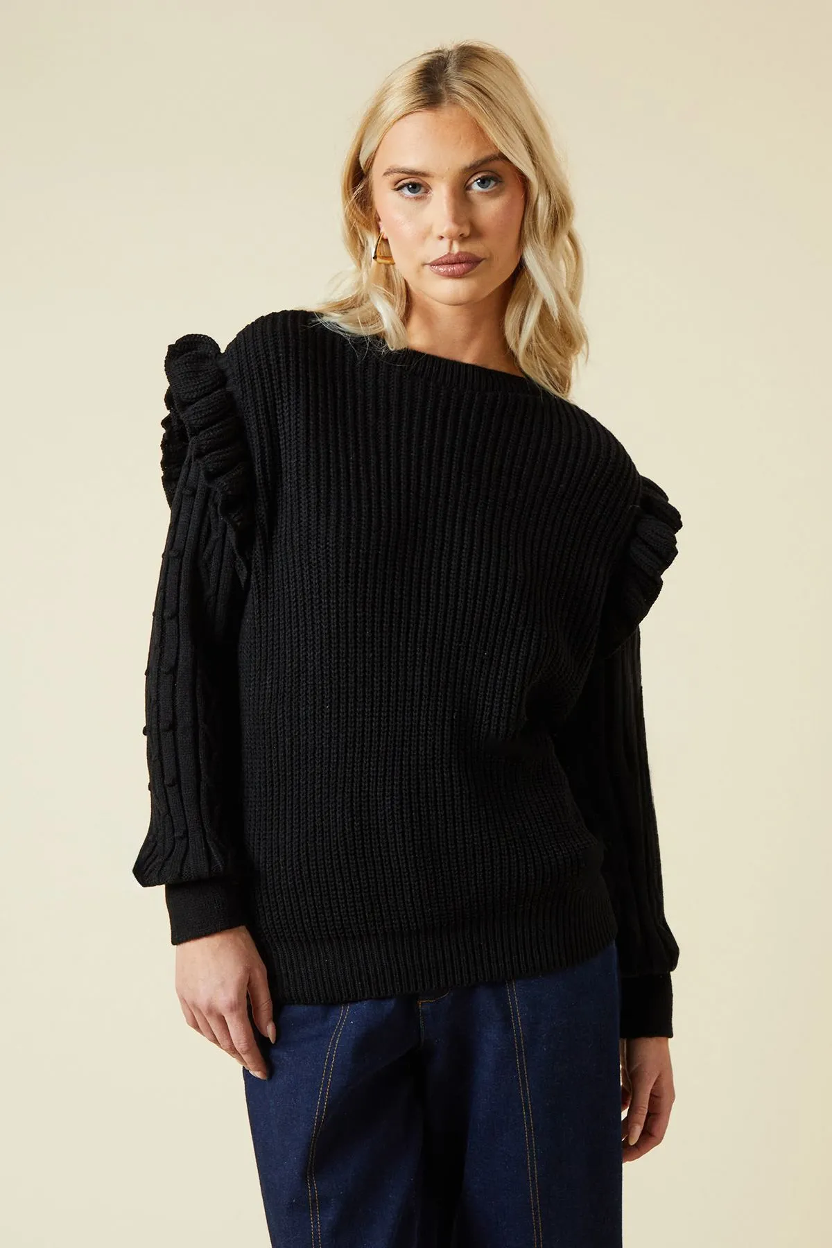 Frill Shoulder Embellished Sleeve Crew Neck Jumper