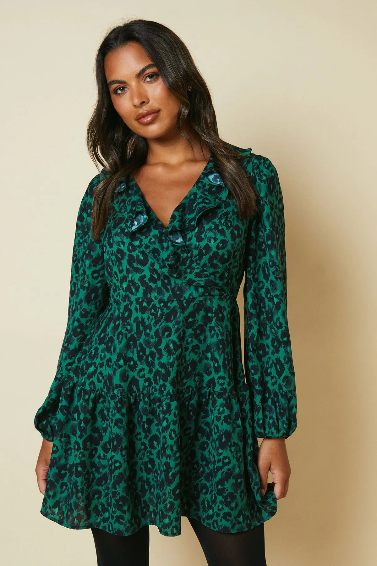 Green Animal Tiered Hem Frill Wrap Mini Dress