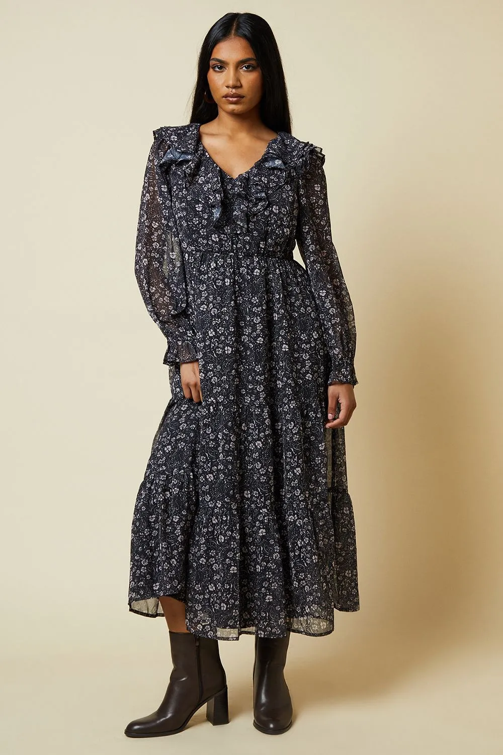 Petite Large Floral Chiffon Ruffle Midaxi Dress