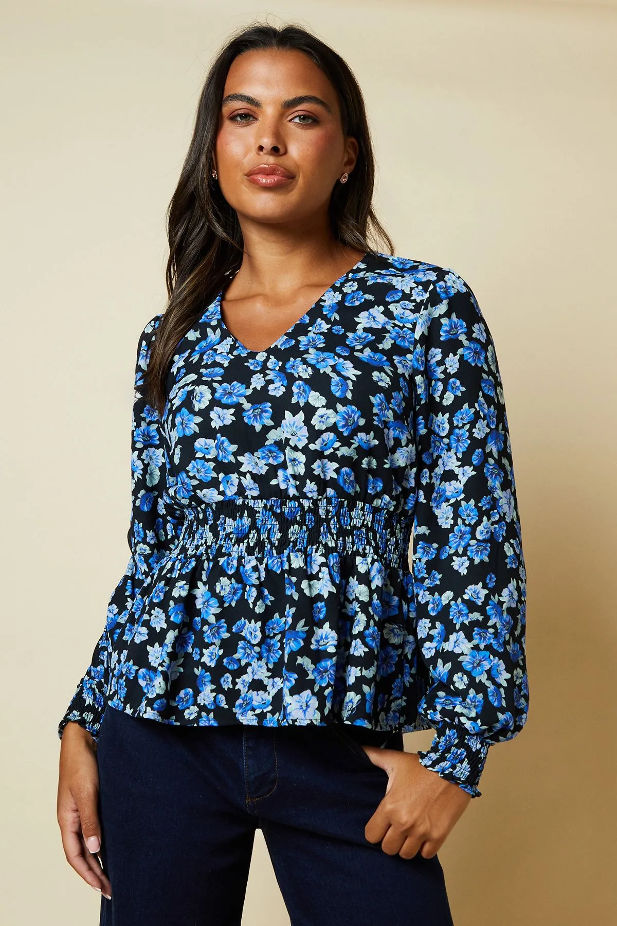 Blue Floral V Neck Shirred Waist Blouse