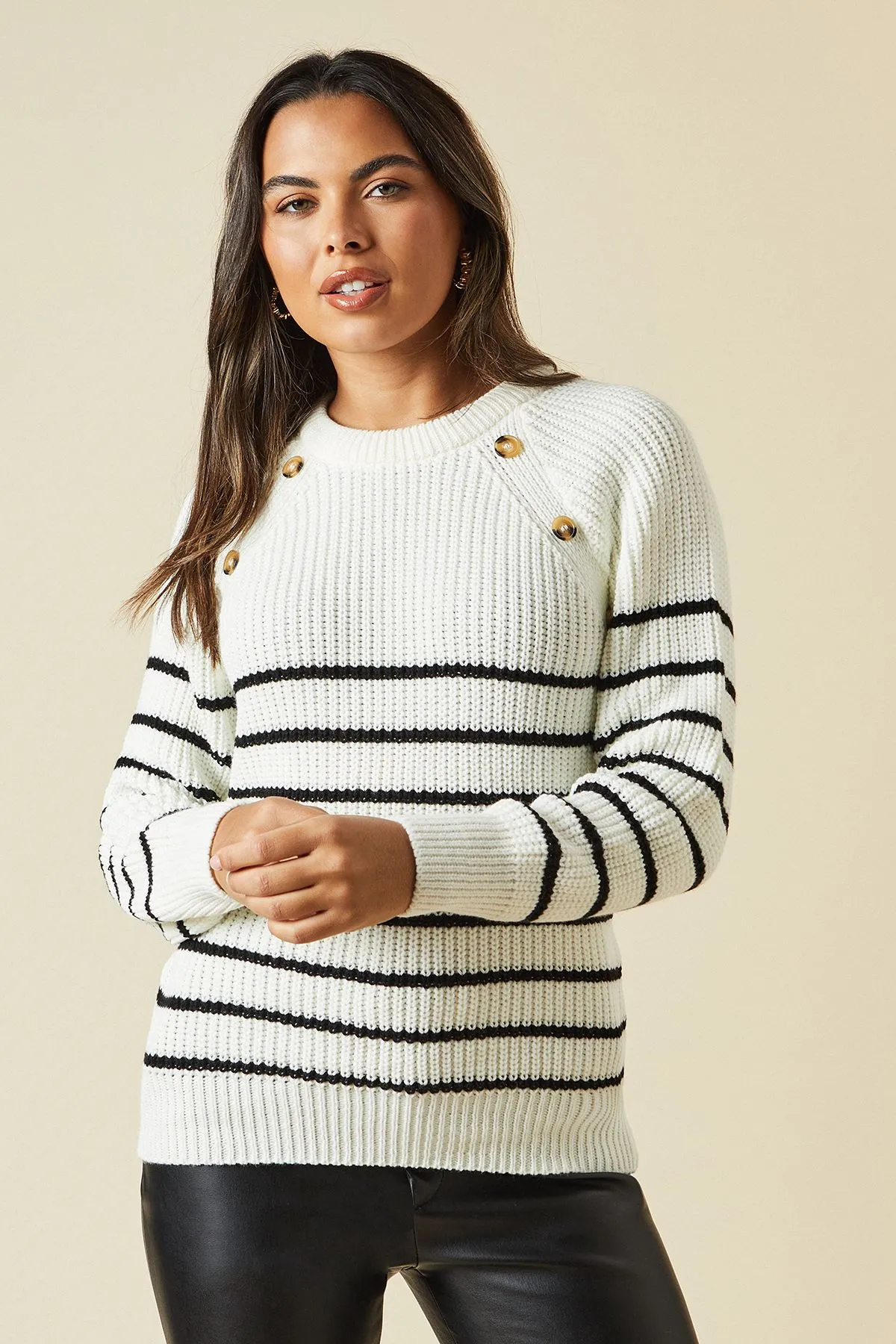 Striped Button Shoulder Crew Neck Jumper