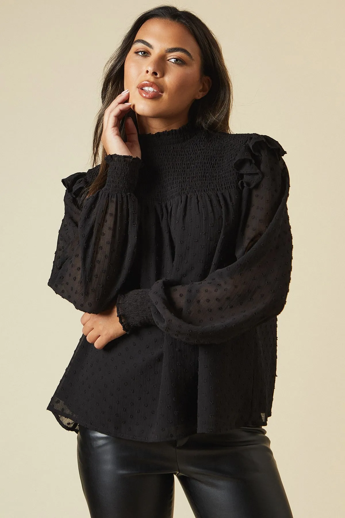 Tall Shirred Yoke Dobby Chiffon Long Sleeve Blouse