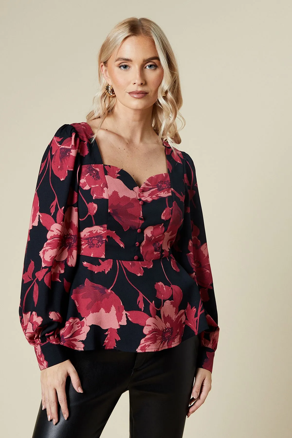 Large Pink Floral Button Front Blouse