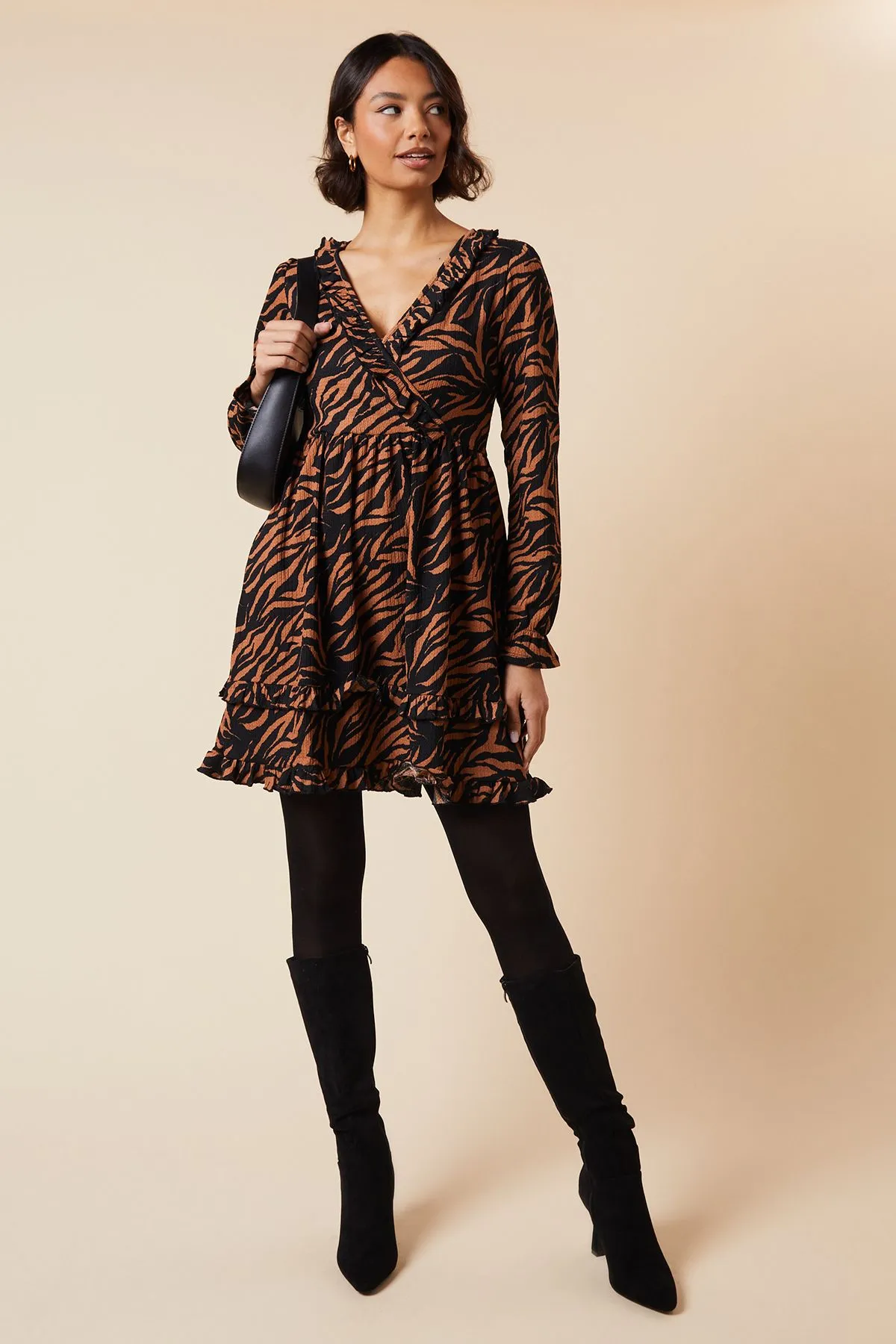 Animal Ruffle Wrap Long Sleeve Mini Dress