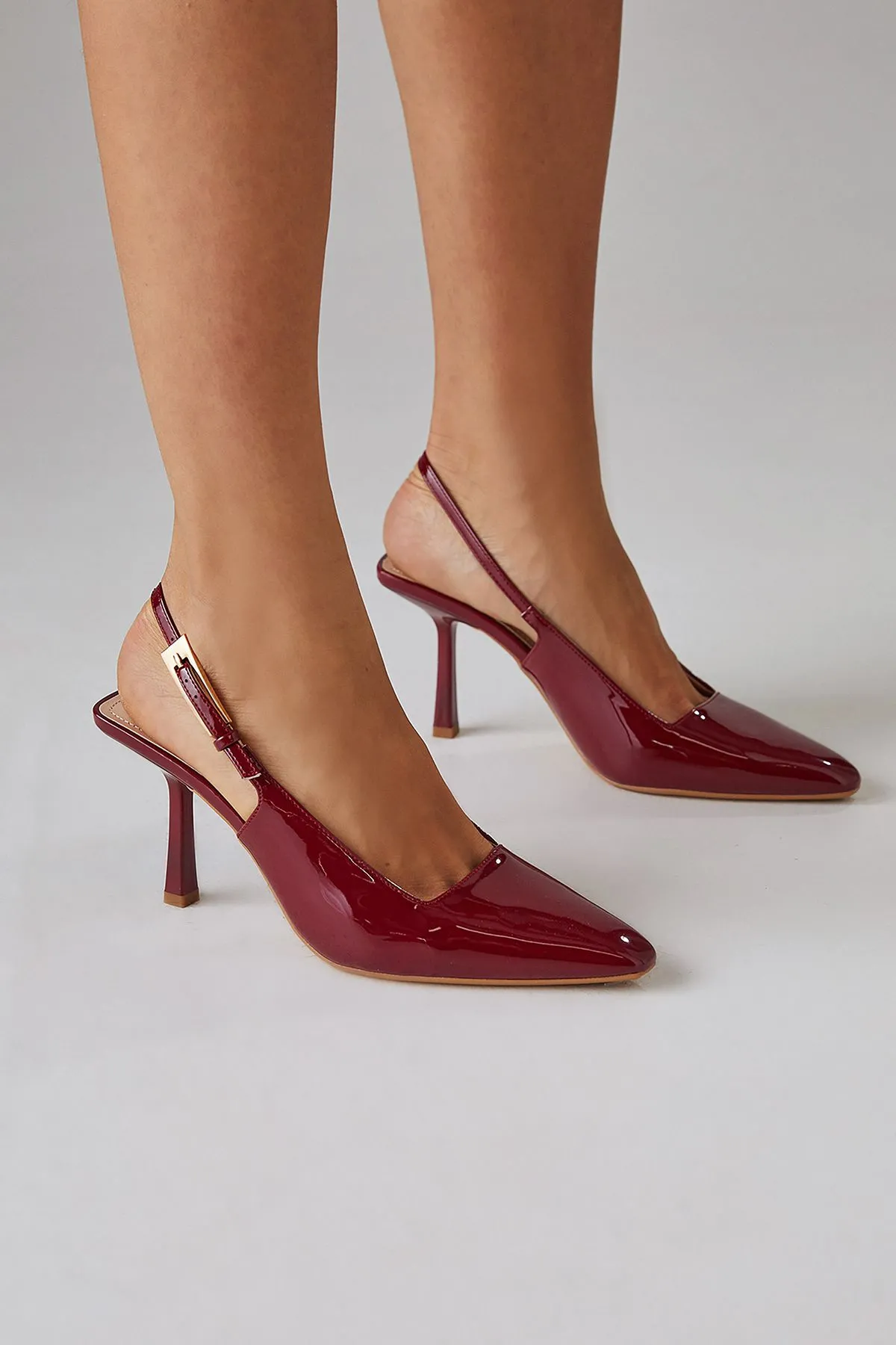 Faith: Delaney Faux Patent Leather Chisel Toe Long Buckle Sling back Court Shoes