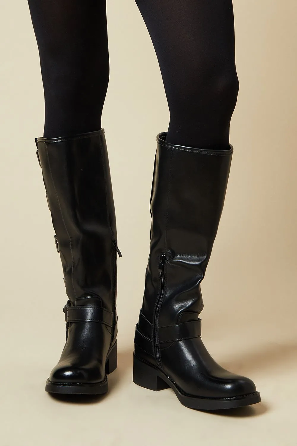 Faith: Jimena Multi Buckle Knee High Biker Boot