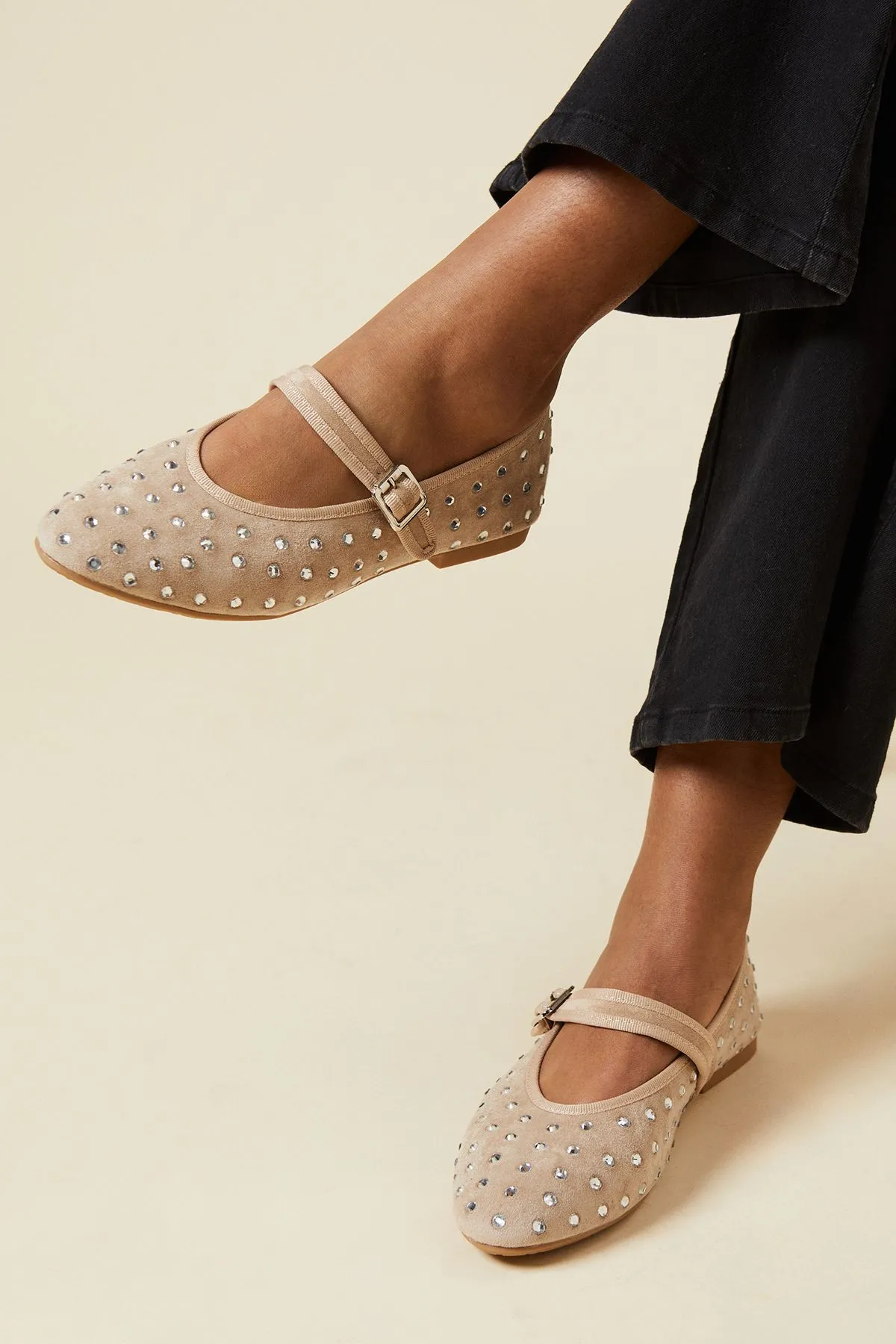 Faith: Pandoras Faux Suede Diamante Mary Jane Ballet Pumps