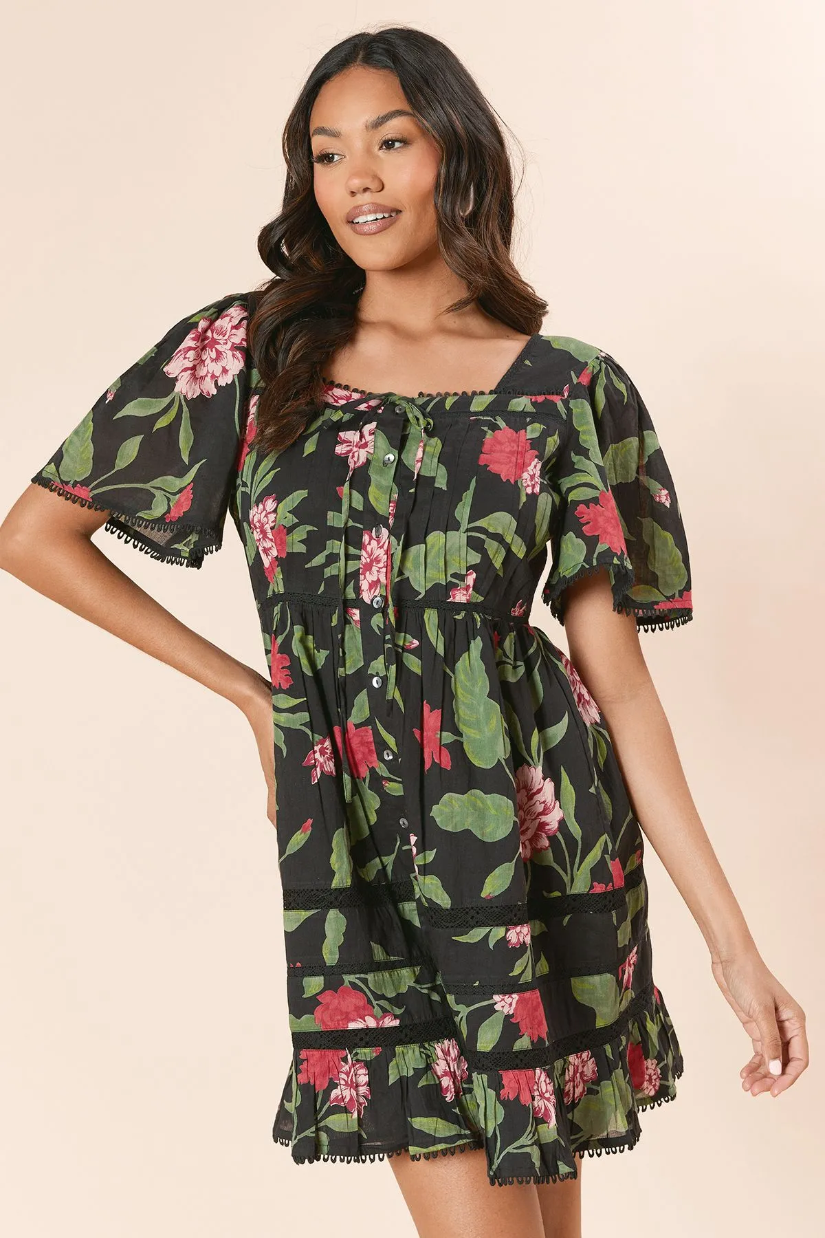 Pink Large Floral Lace Trim Button Front Mini Dress