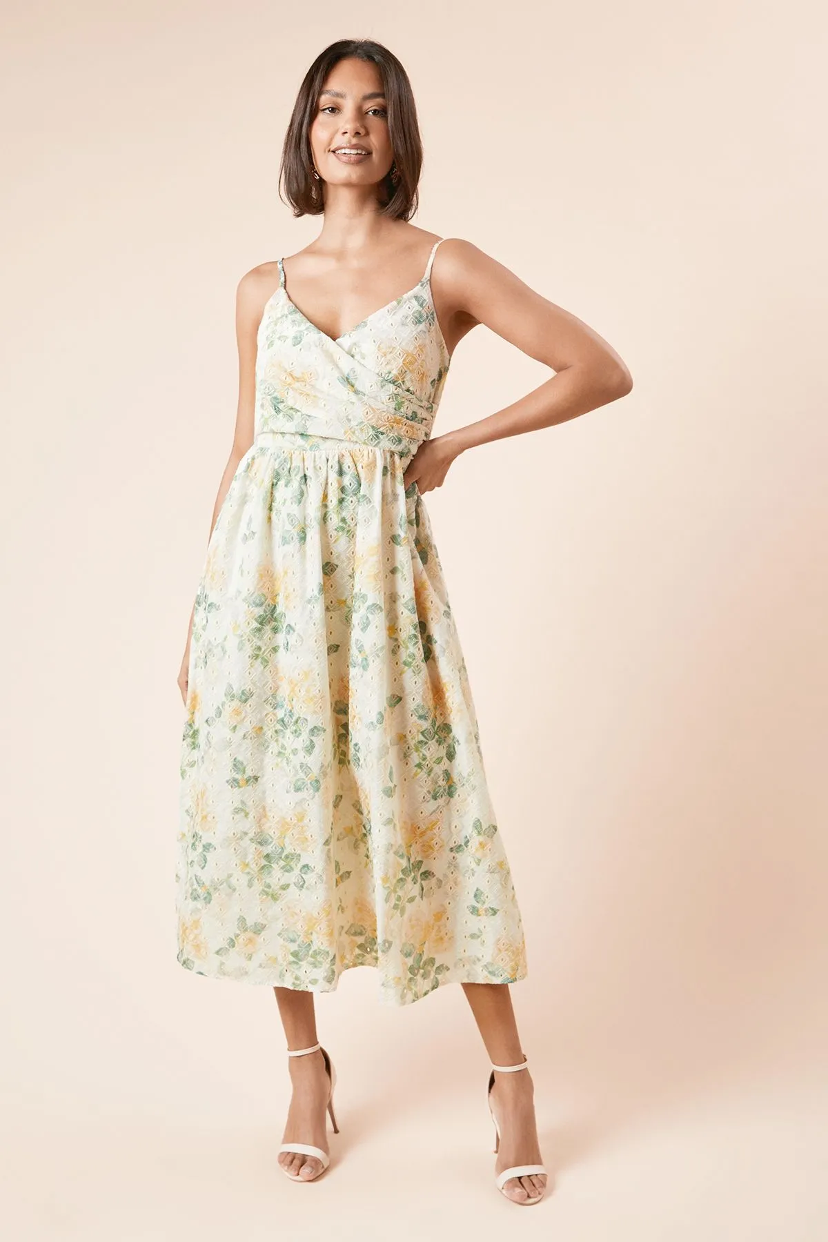 Cutwork  Broderie Ball Strap Detail Wrap Midi Dress