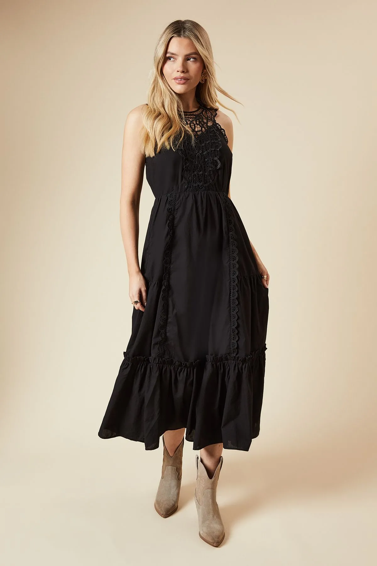 Black Lace Yoke Tie Back Halterneck Midi Dress
