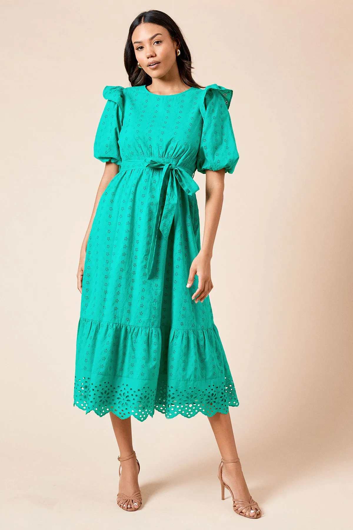 Cutwork Ruffle Sleeve Puff Sleeve Midi Dress