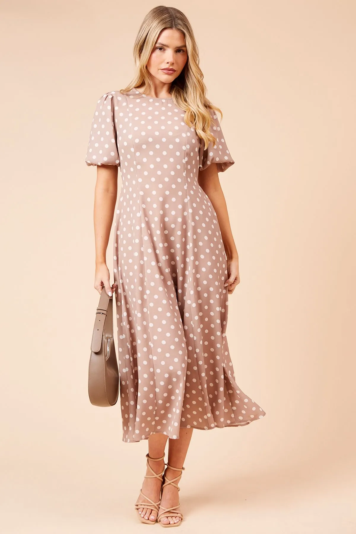 Spot Seamed Body Puff Sleeve Midi Dress