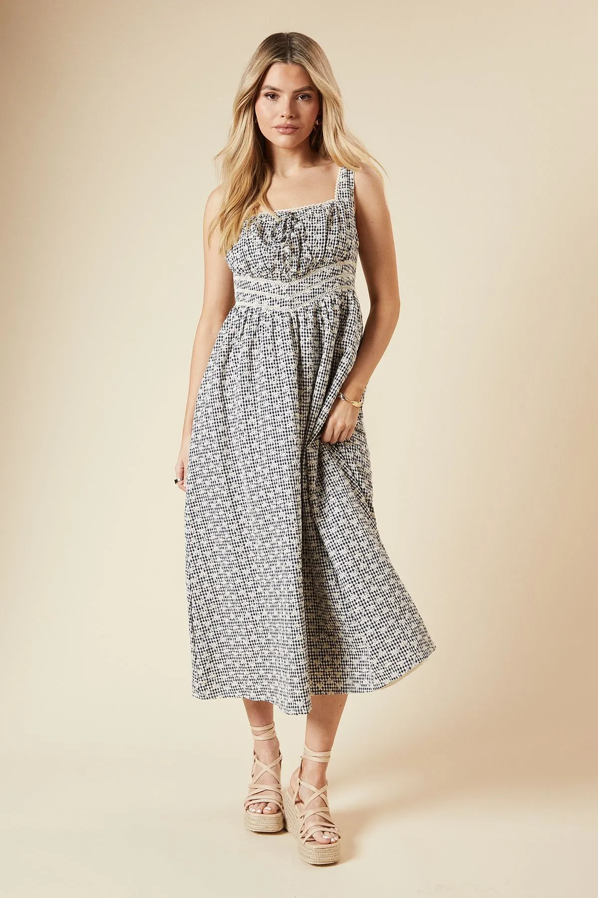 Black Gingham Embroidered Midi Dress