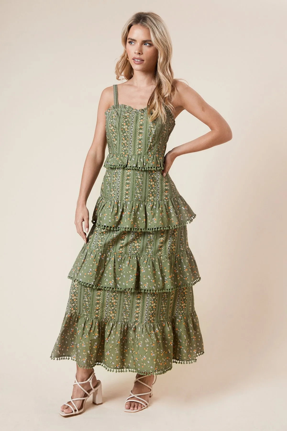 Petite Green Linear Floral Printed Ruffle Pom Pom Midi Dress