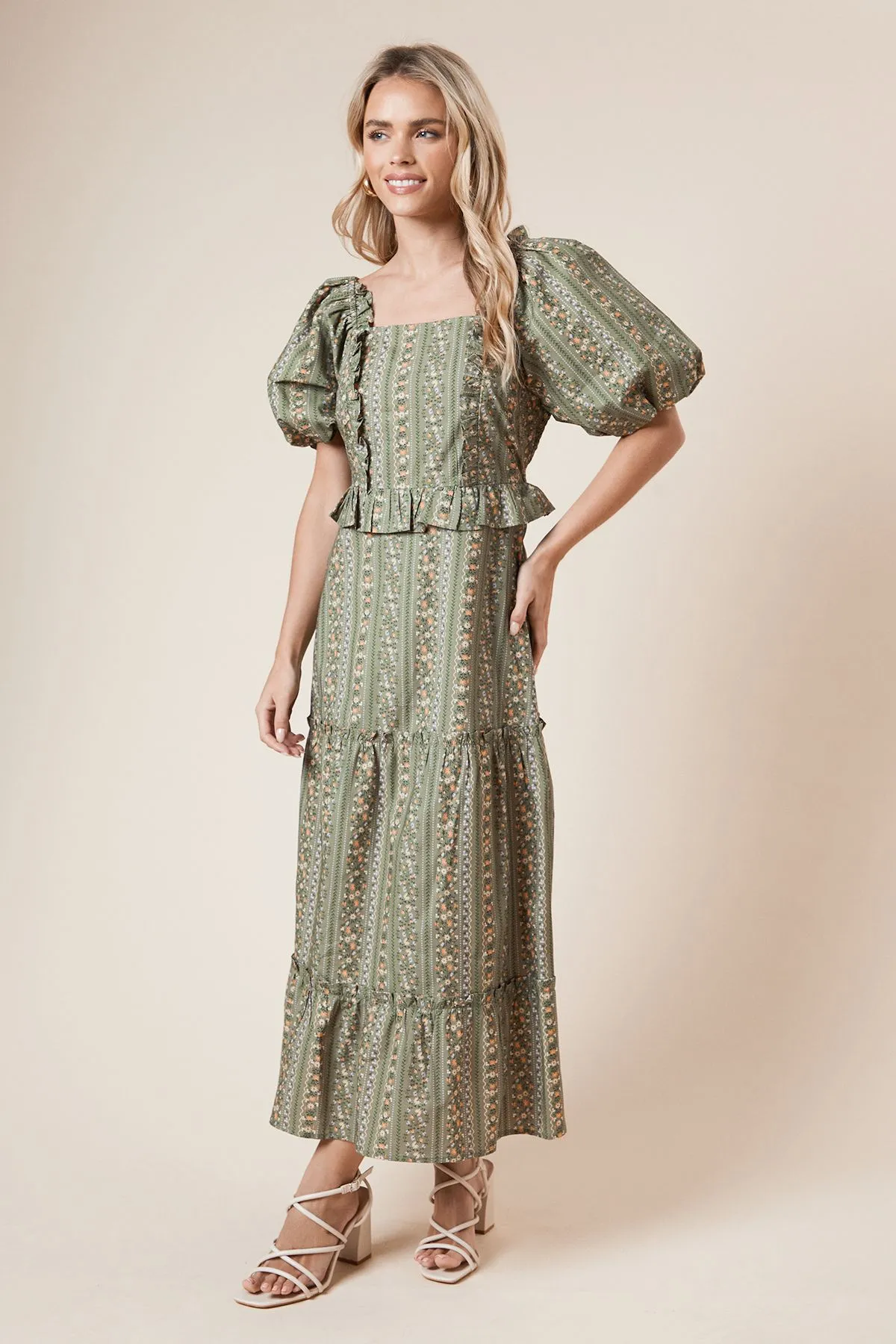 Petite Green Linear Poplin Ruffle Square Neck Midi Dress