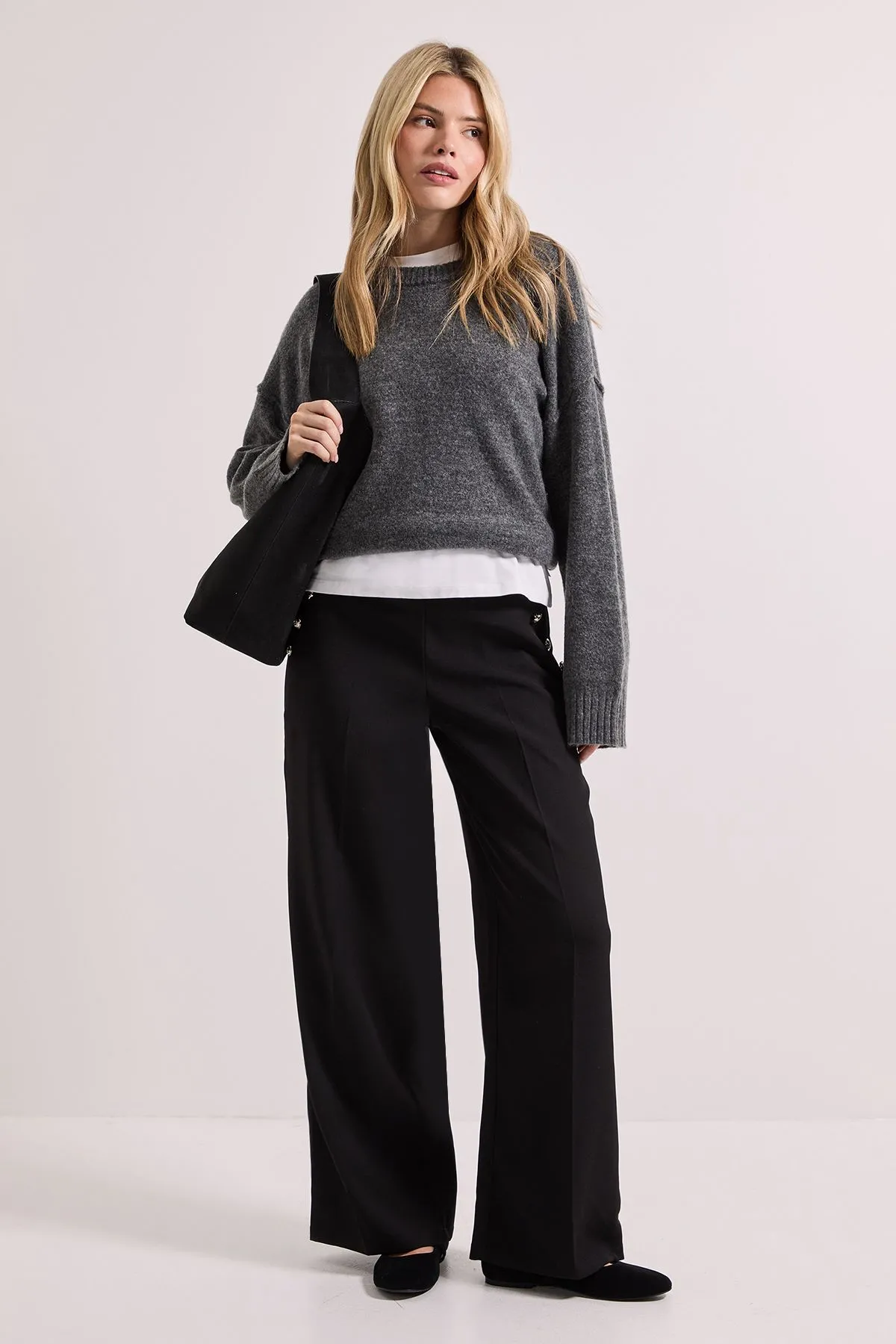 Military Button Detail Wide Leg Trouser