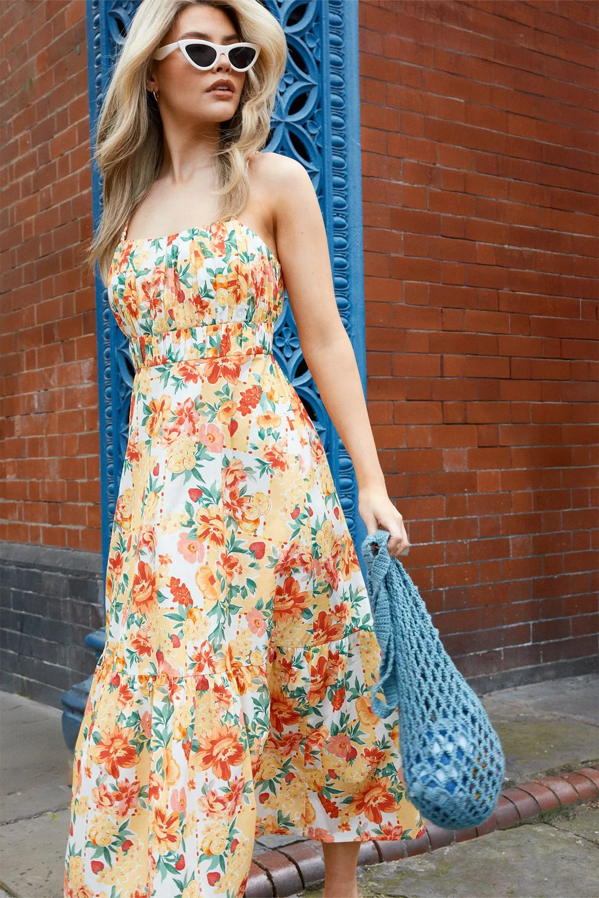 Channel Waist Tiered Hem Strappy Midi Dress