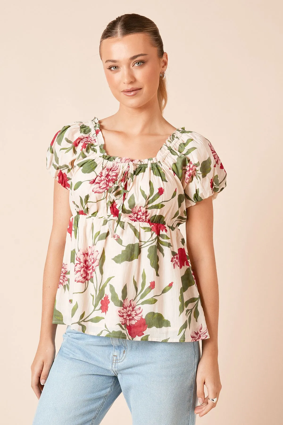 White Floral Babydoll Printed Puff Sleeve Top