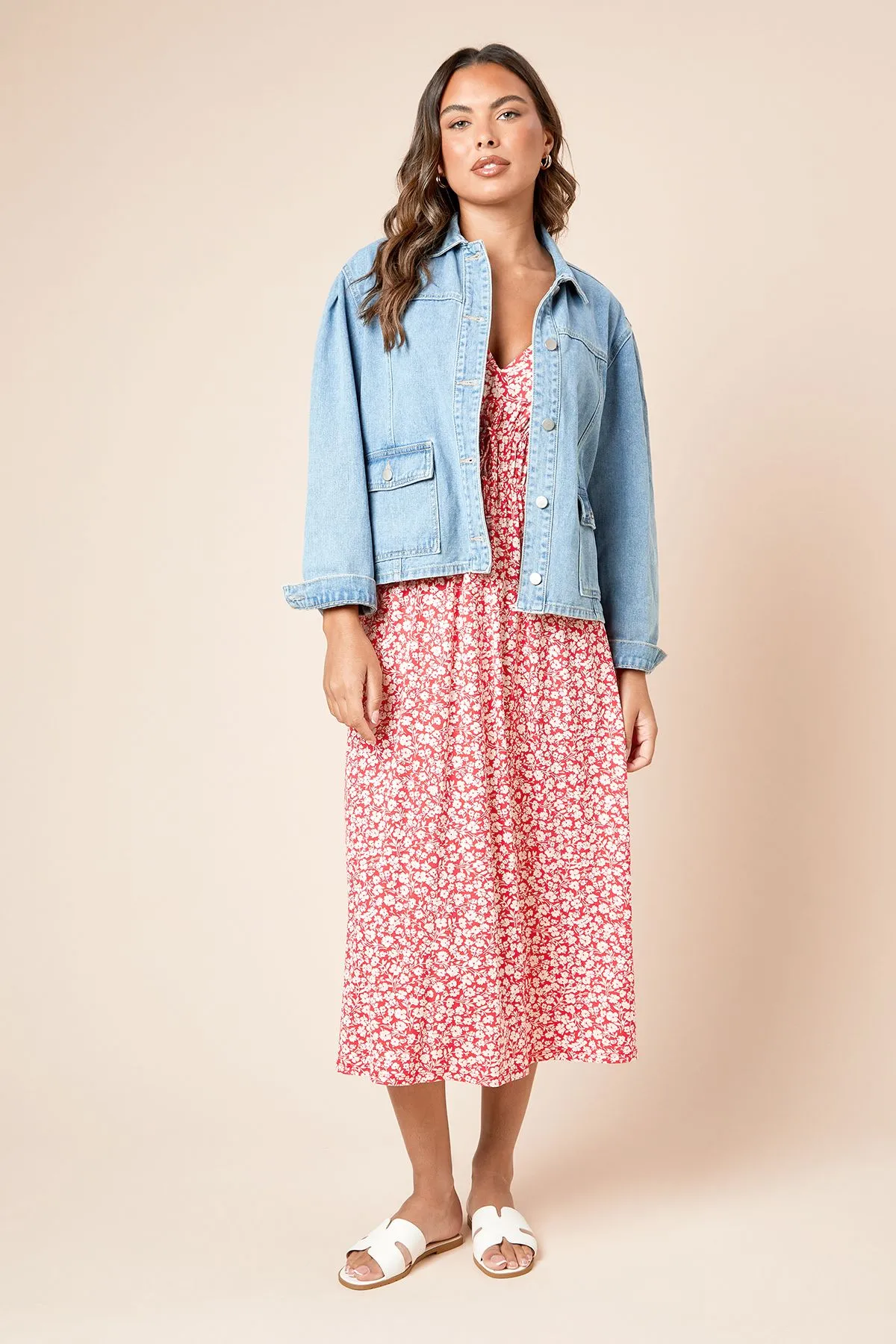 Red Ditsy Channel Waist Jersey Midi Dress